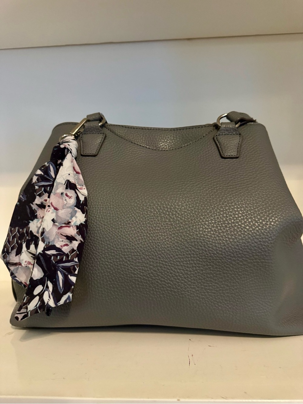 Anne Klein Gray Pebbled Satchel Shoulder Bag with Floral Scarf Accent